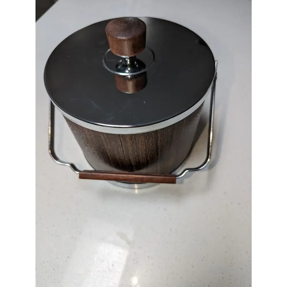 MCM ice bucket Made‎ In USA Chrome and Wood Look.